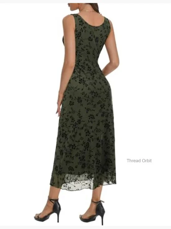 Sleeveless V-Neck Mesh Maxi Dress, Floral Casual Elegant Long Dress - Picture 2 of 7